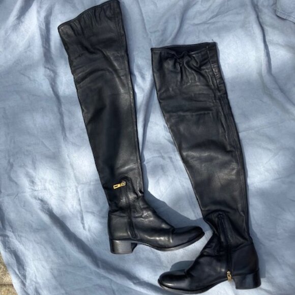 Black PRADA Thigh-High Over the Knee Leather Flat Boots - Picture 1 of 10